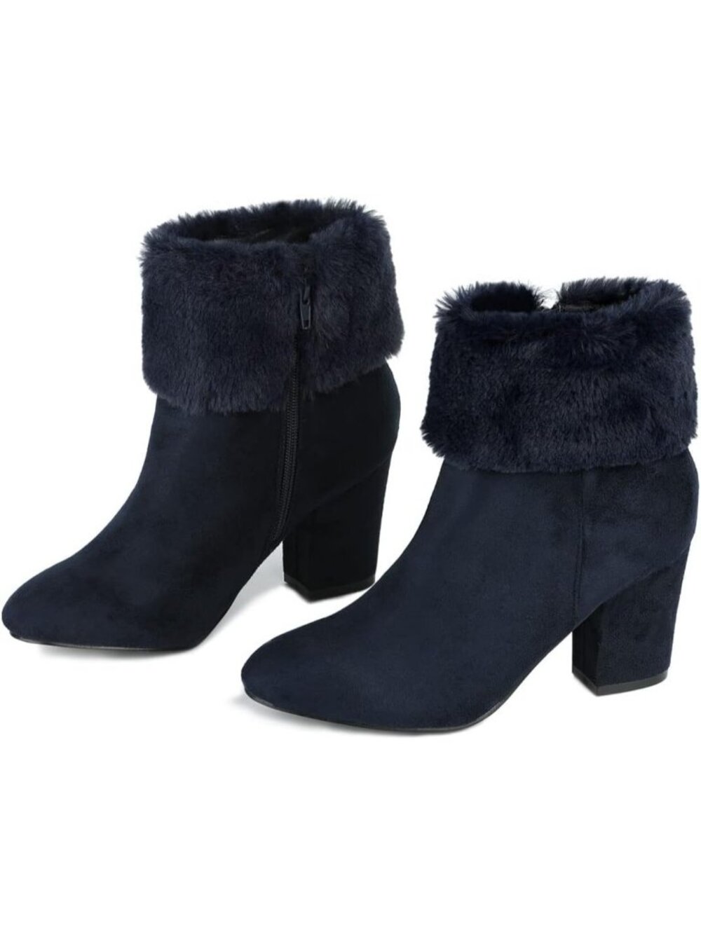 Women's Navy Faux Suede Christmas Faux Fur Side Zipper Chunky Heel Ankle Boots